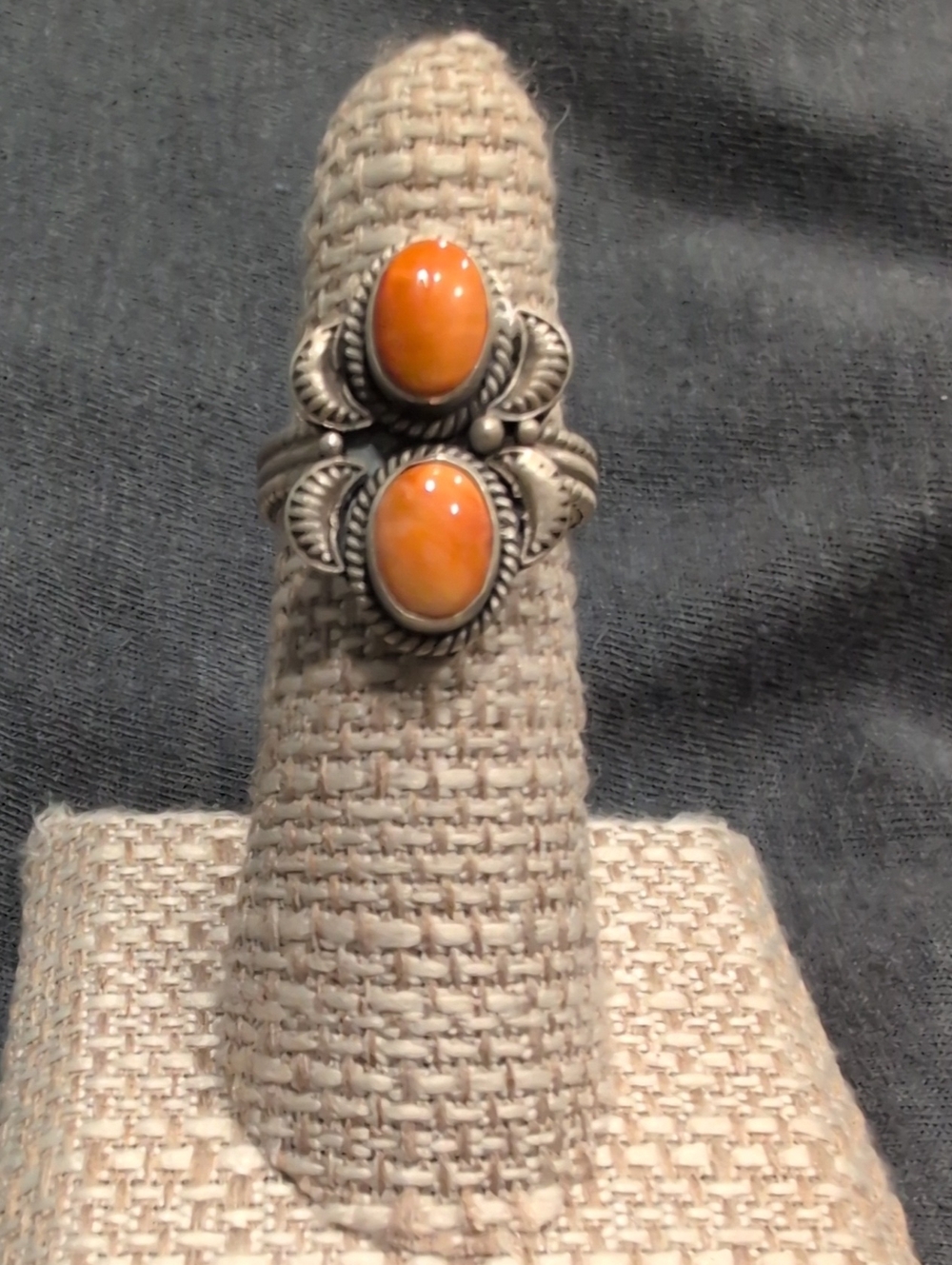 Orange Spiny Stone Double Oval Sterling Silver- Women's Ring